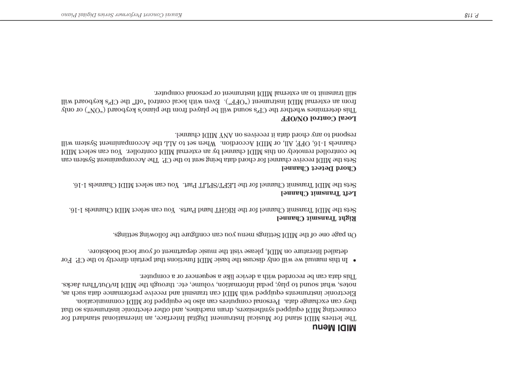 Kawai CP117 manual Menu Midi 