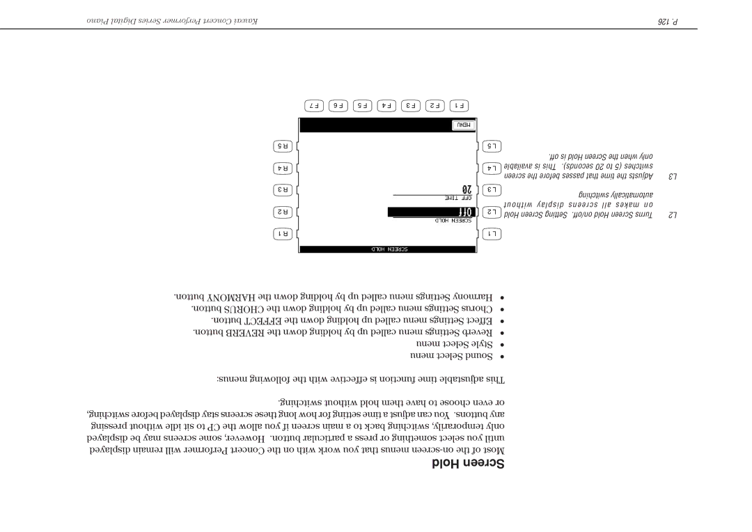 Kawai CP117 manual Hold Screen, Menu Select Sound 