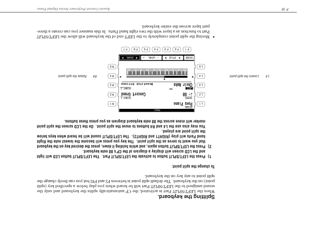 Kawai CP117 manual Keyboard the Splitting, Point split the Raises Point split the Lowers 