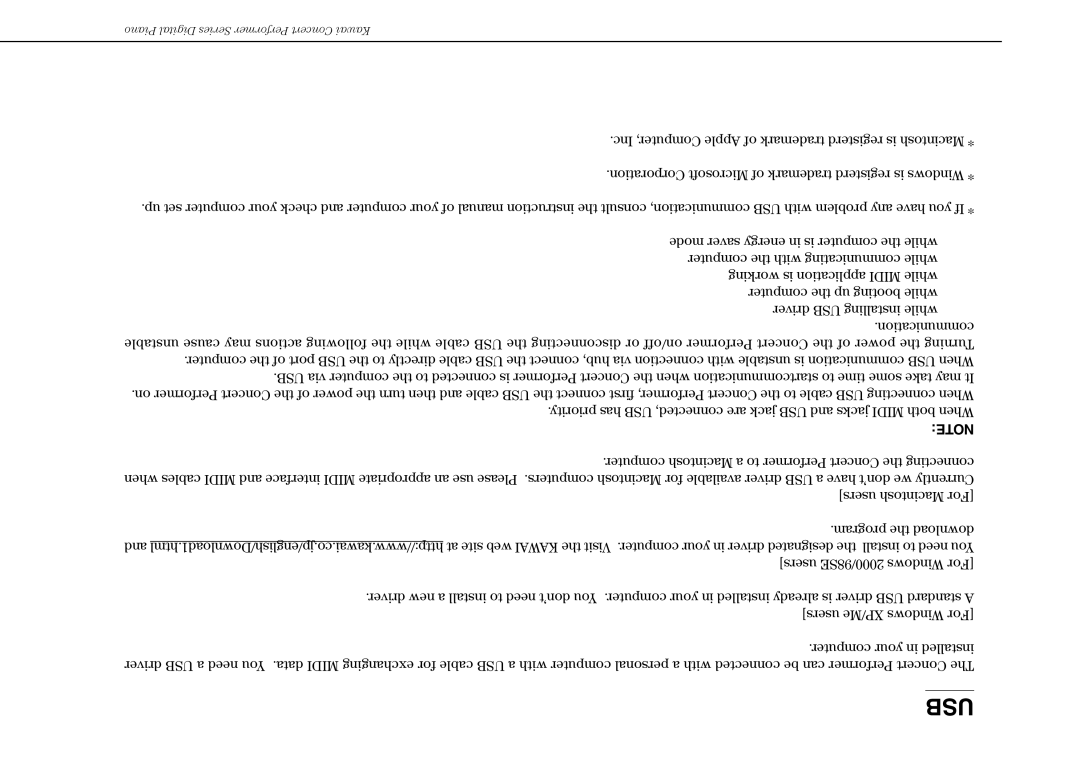 Kawai CP117 manual Usb 