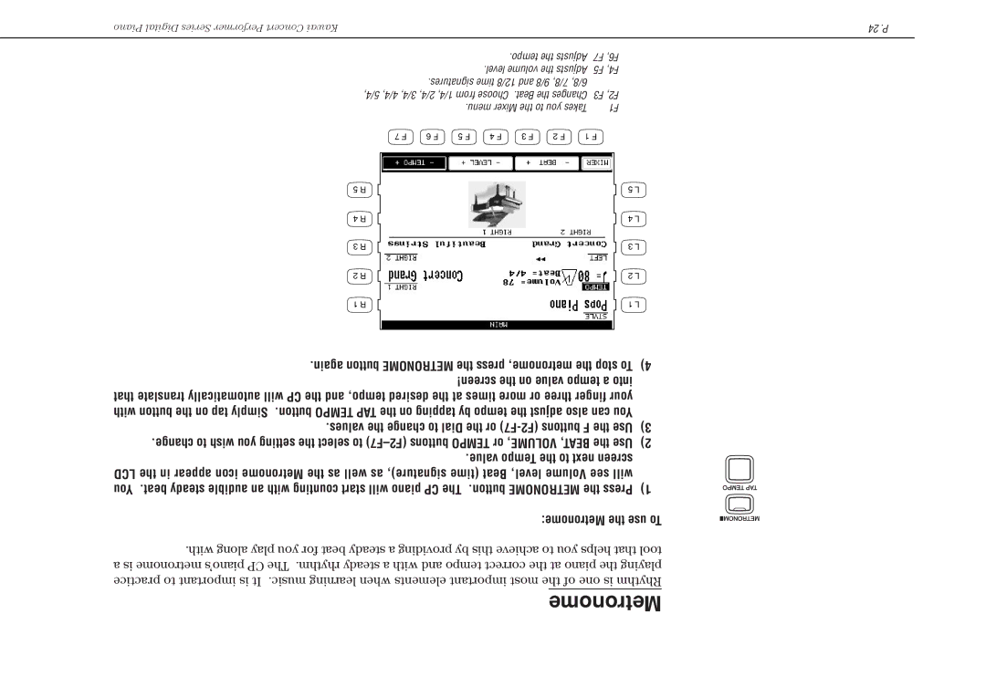 Kawai CP117 manual Metronome, F7 F6, F5 F4, F3 F2 