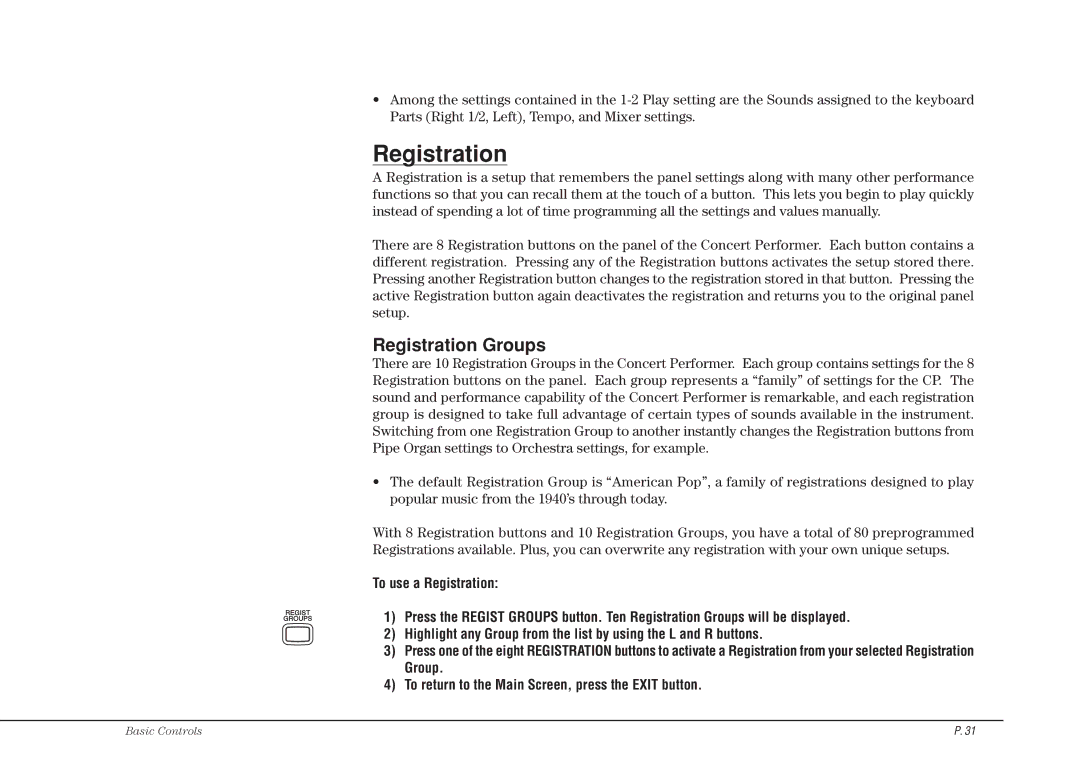 Kawai CP117 manual Registration Groups 