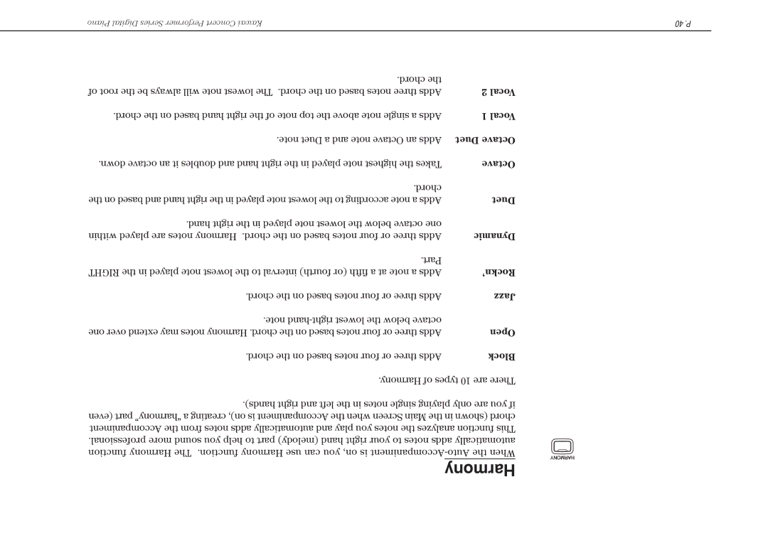 Kawai CP117 manual Harmony, Chord, Part 