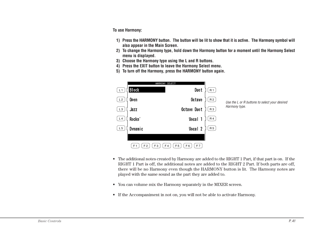 Kawai CP117 manual Use the L or R buttons to select your desired Harmony type 