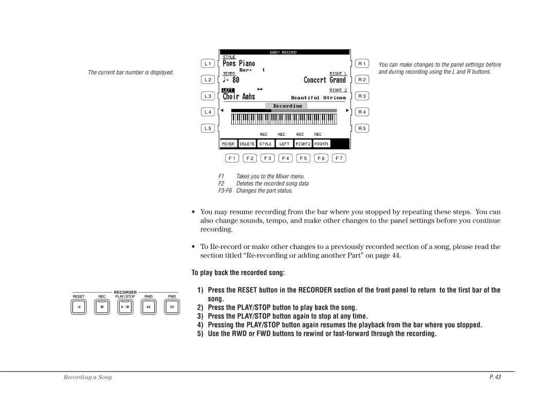 Kawai CP117 manual Recording a Song 