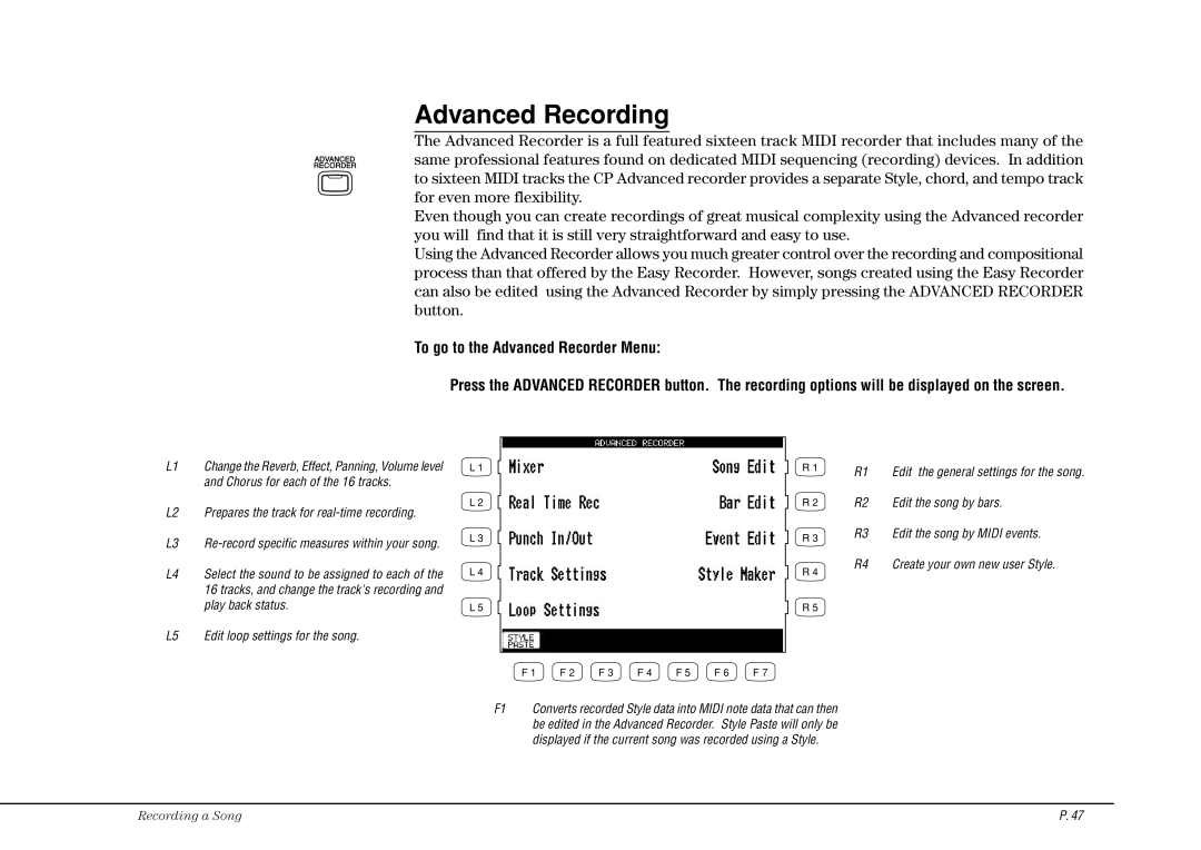 Kawai CP117 manual Advanced Recording, Edit the song by bars, Edit the song by Midi events, Create your own new user Style 