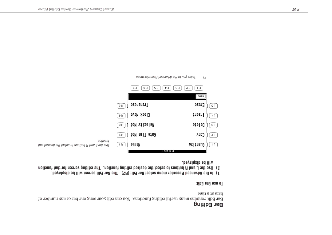 Kawai CP117 manual Editing Bar, Function Edit desired the select to buttons R and L the Use 