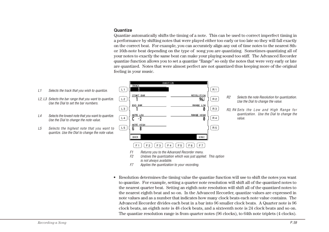 Kawai CP117 manual Quantize, L1 Selects the track that you wish to quantize 