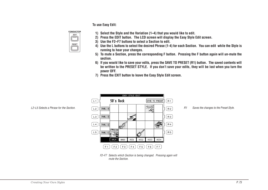 Kawai CP117 manual L2-L5 Selects a Phrase for the Section 