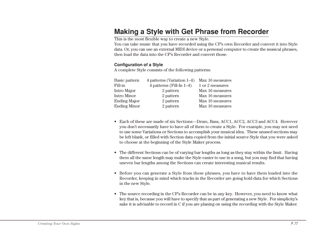 Kawai CP117 manual Making a Style with Get Phrase from Recorder, Configuration of a Style 