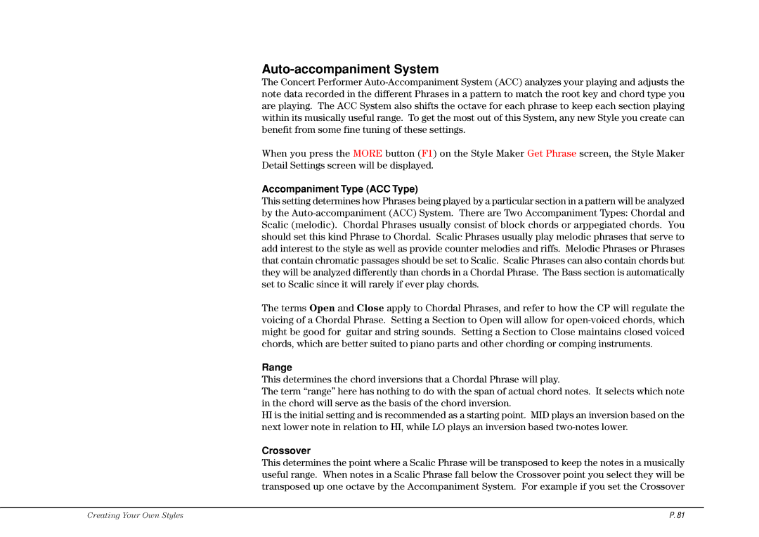 Kawai CP117 manual Auto-accompaniment System, Accompaniment Type ACC Type, Range, Crossover 