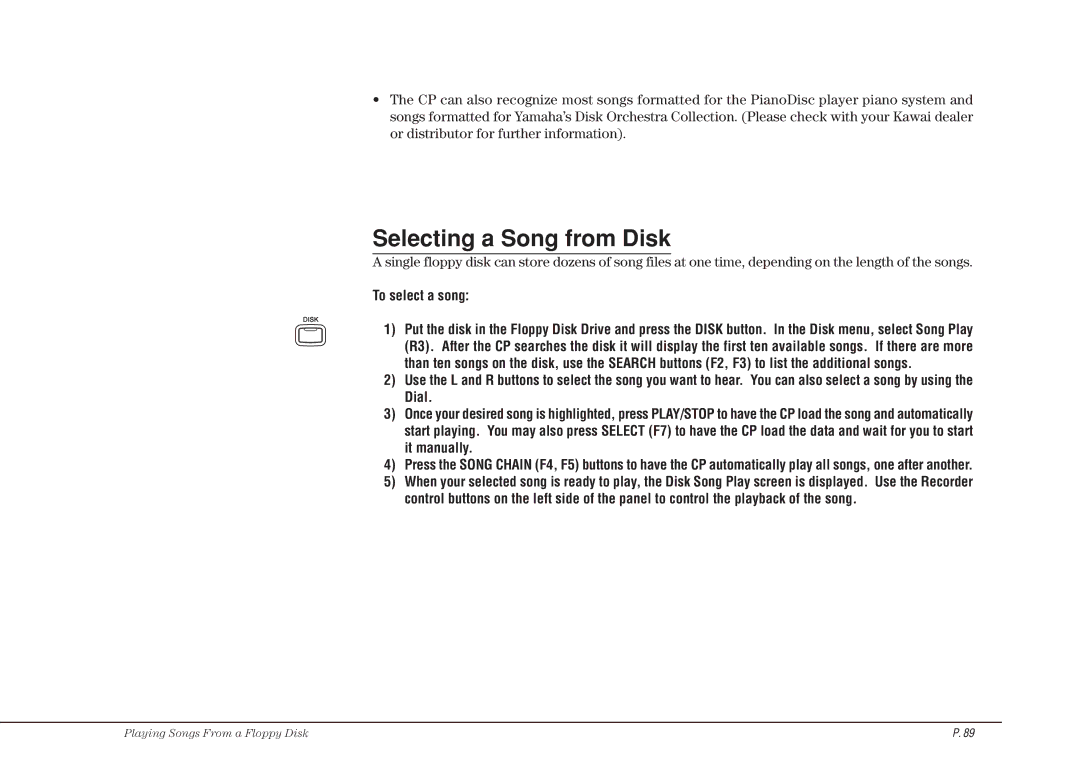 Kawai CP117 manual Selecting a Song from Disk, To select a song 