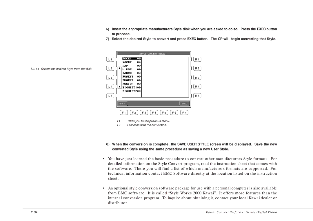 Kawai CP205/CP185 manual L2, L4 Selects the desired Style from the disk 