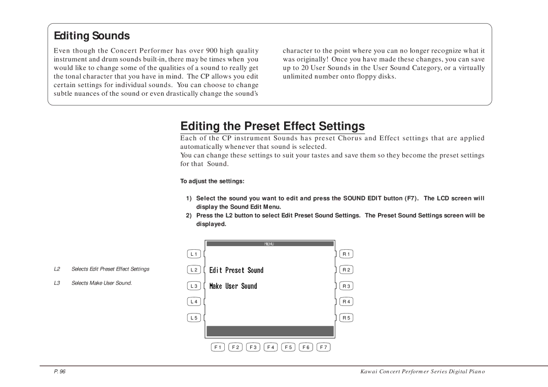 Kawai CP205/CP185 manual Editing Sounds, Editing the Preset Effect Settings 