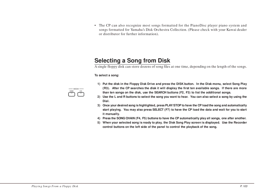 Kawai CP205/CP185 manual Selecting a Song from Disk, To select a song 