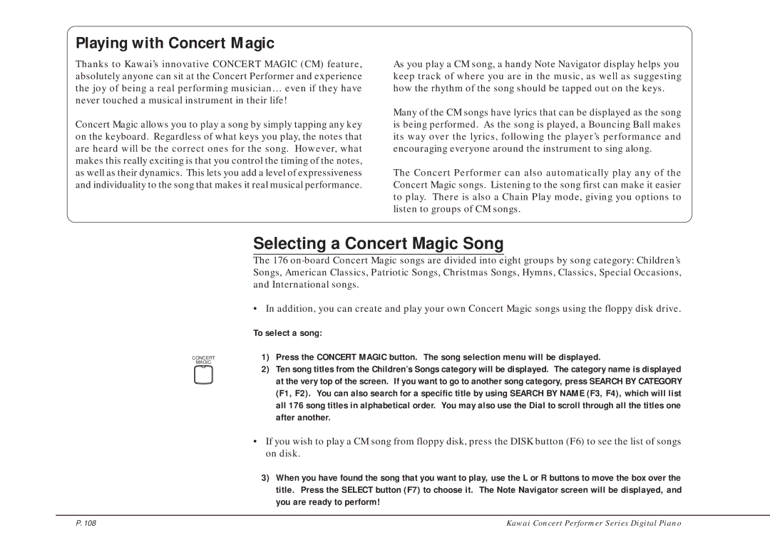 Kawai CP205/CP185 manual Playing with Concert Magic, Selecting a Concert Magic Song 