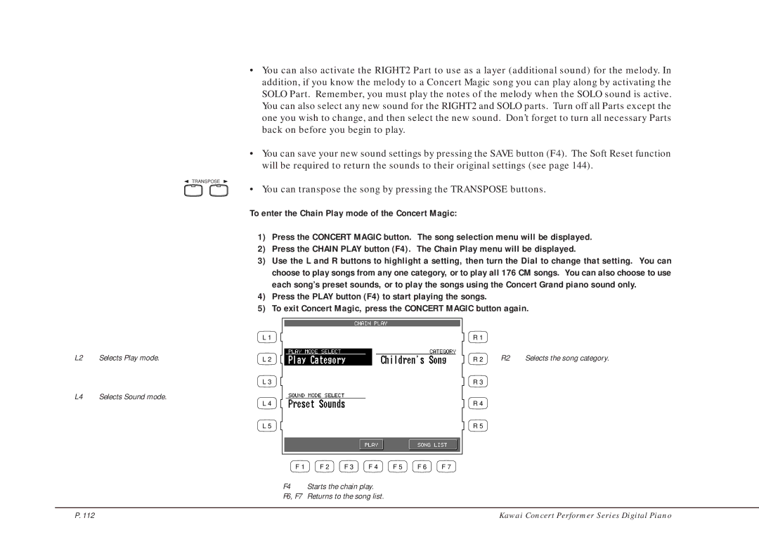 Kawai CP205/CP185 manual You can transpose the song by pressing the Transpose buttons 