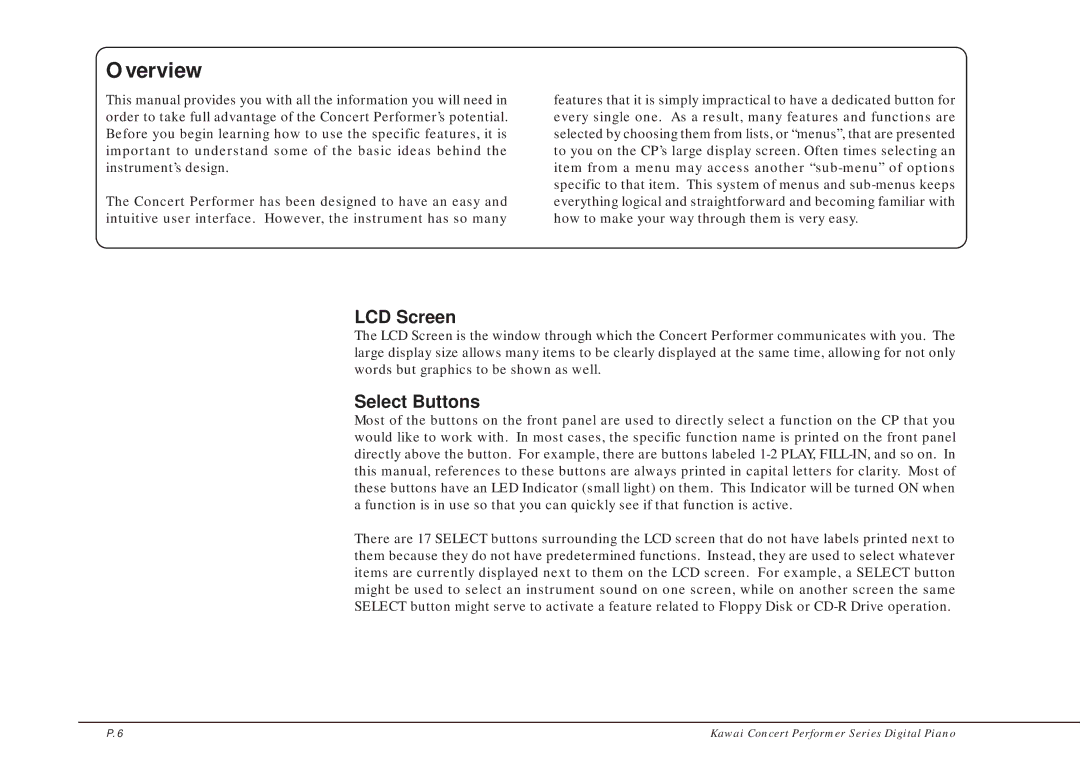 Kawai CP205/CP185 manual Overview, LCD Screen, Select Buttons 