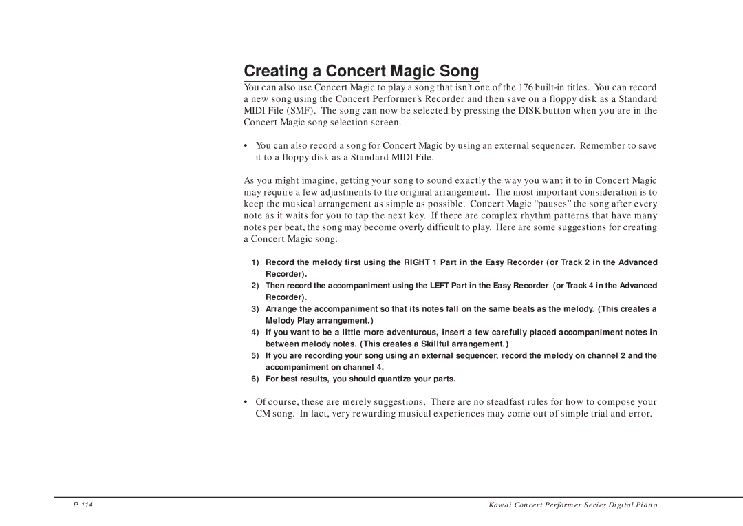 Kawai CP205/CP185 manual Creating a Concert Magic Song 