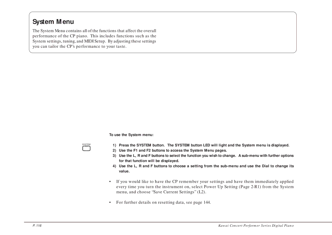 Kawai CP205/CP185 manual System Menu 