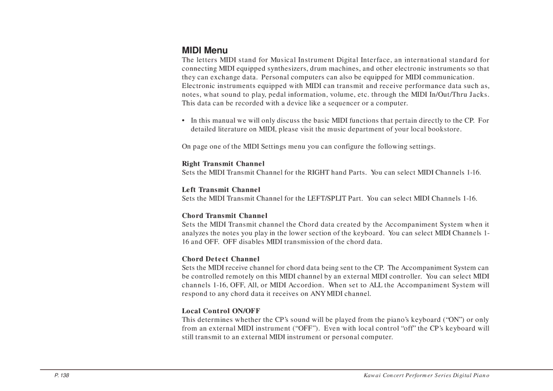 Kawai CP205/CP185 manual Midi Menu 