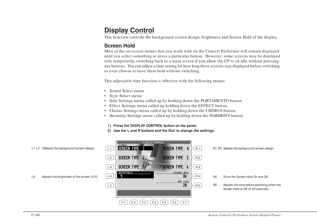 Kawai CP205/CP185 manual Display Control, Screen Hold 