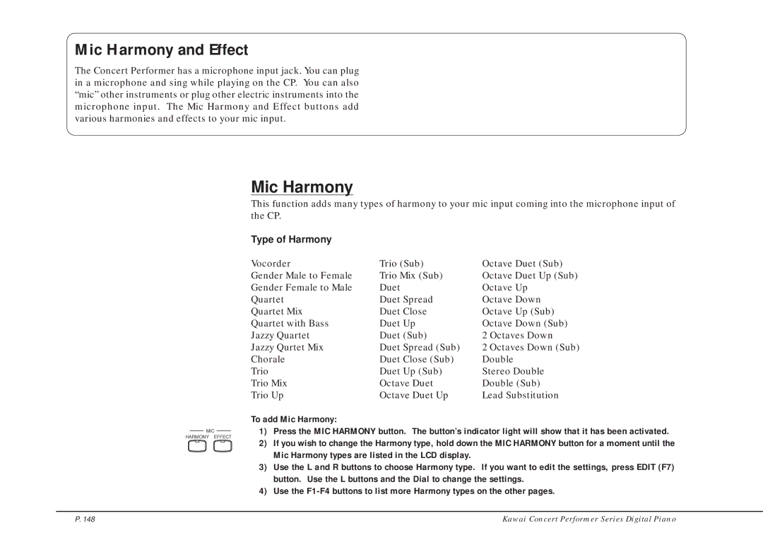 Kawai CP205/CP185 manual Mic Harmony and Effect, Type of Harmony 