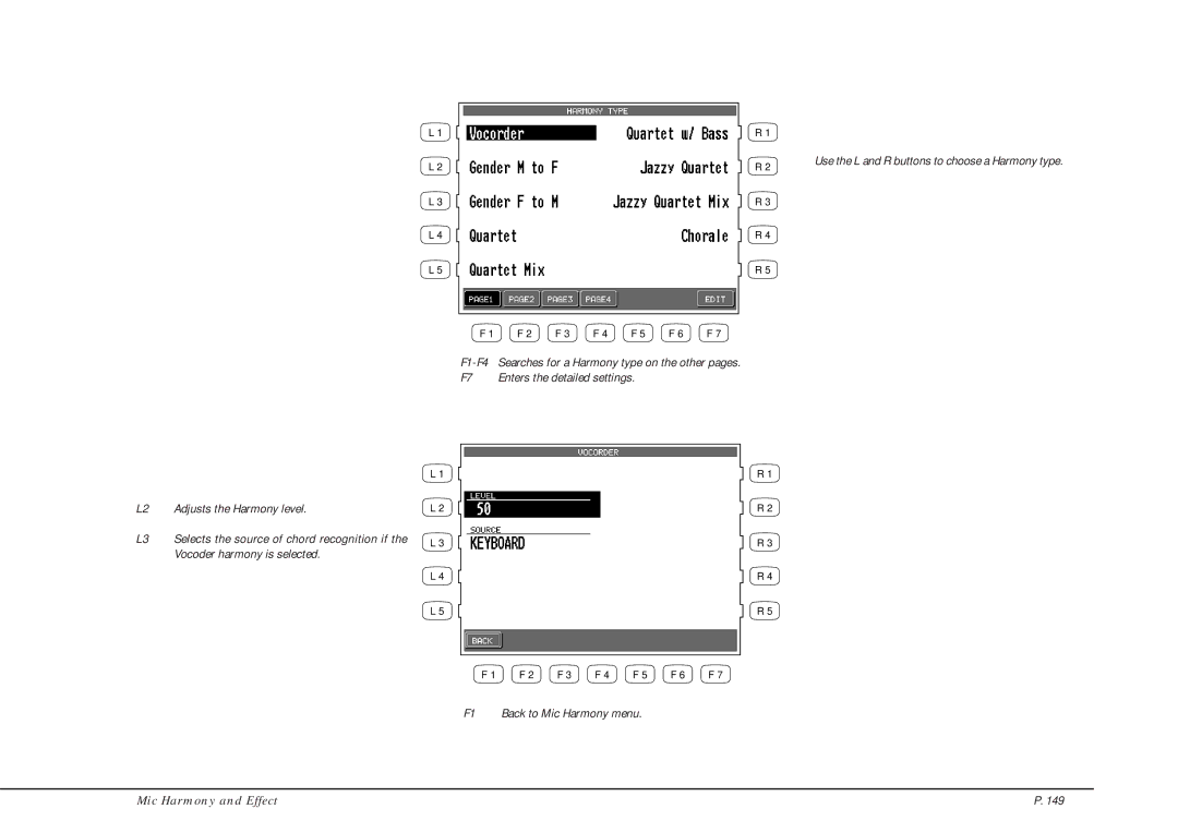 Kawai CP205/CP185 manual F7 Enters the detailed settings F1 Back to Mic Harmony menu 