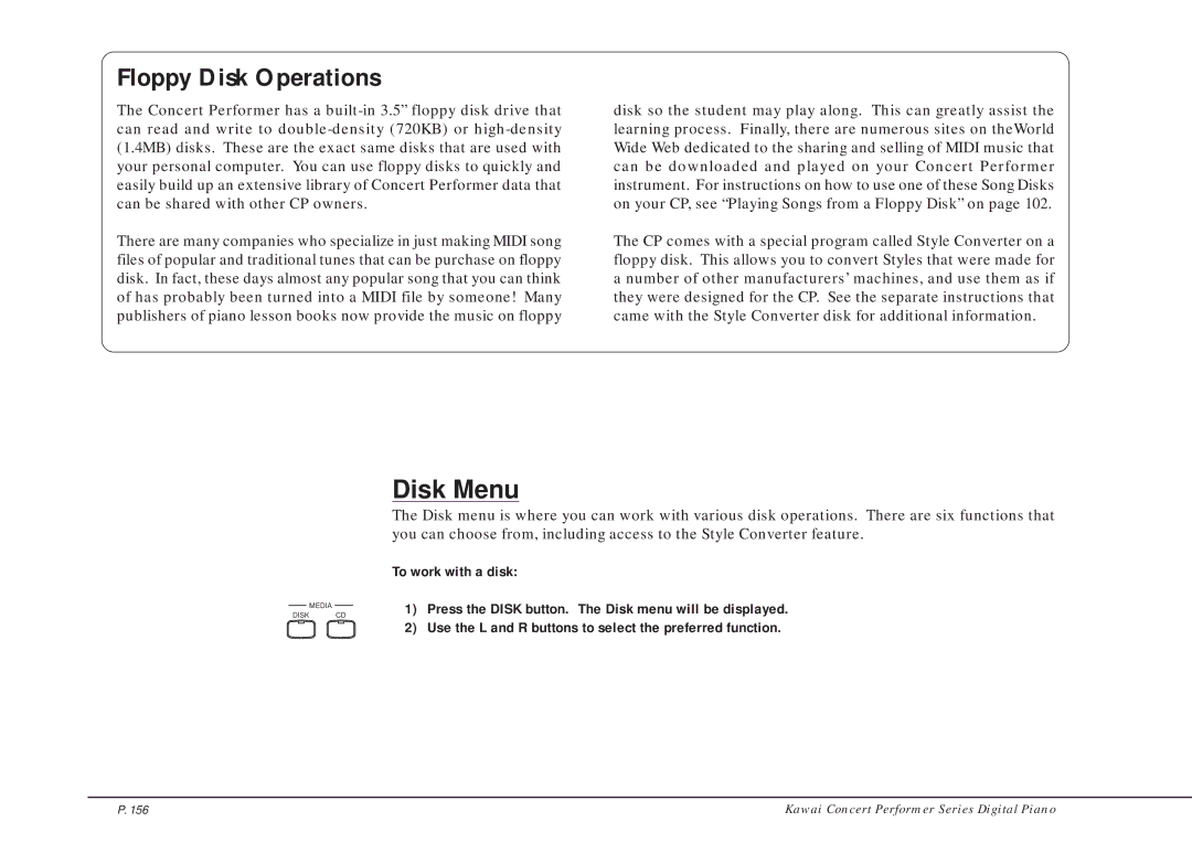 Kawai CP205/CP185 manual Floppy Disk Operations, Disk Menu 