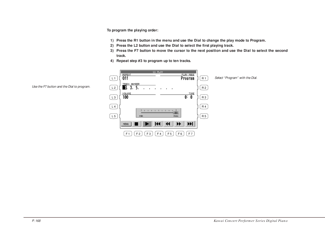 Kawai CP205/CP185 manual Use the F7 button and the Dial to program 