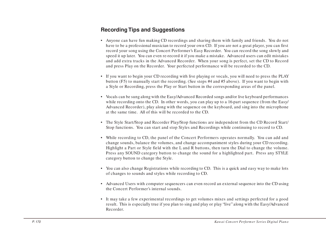 Kawai CP205/CP185 manual Recording Tips and Suggestions 