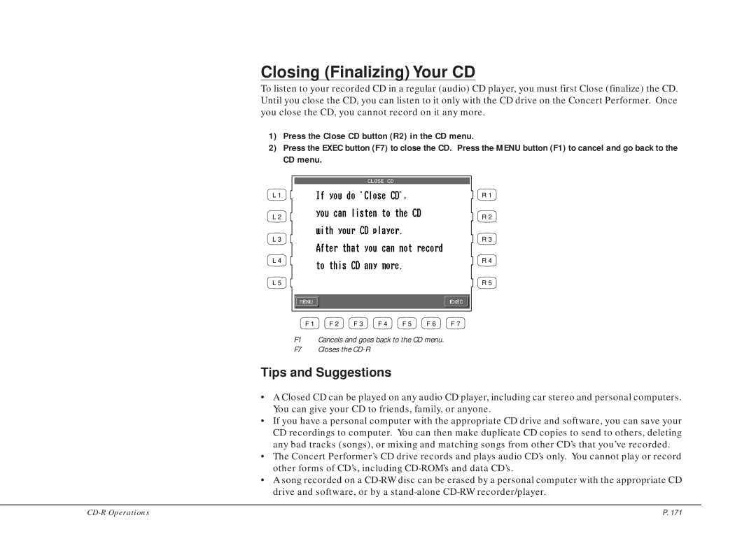 Kawai CP205/CP185 manual Closing Finalizing Your CD, Tips and Suggestions 