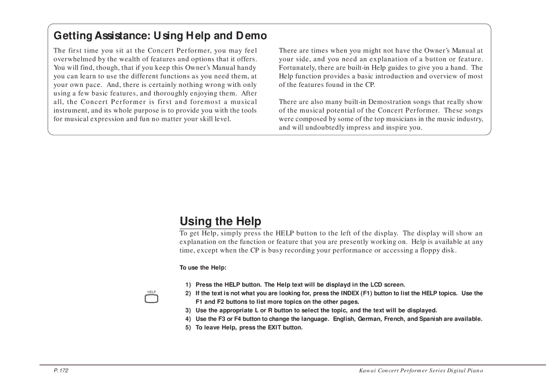 Kawai CP205/CP185 manual Using the Help, Getting Assistance Using Help and Demo 
