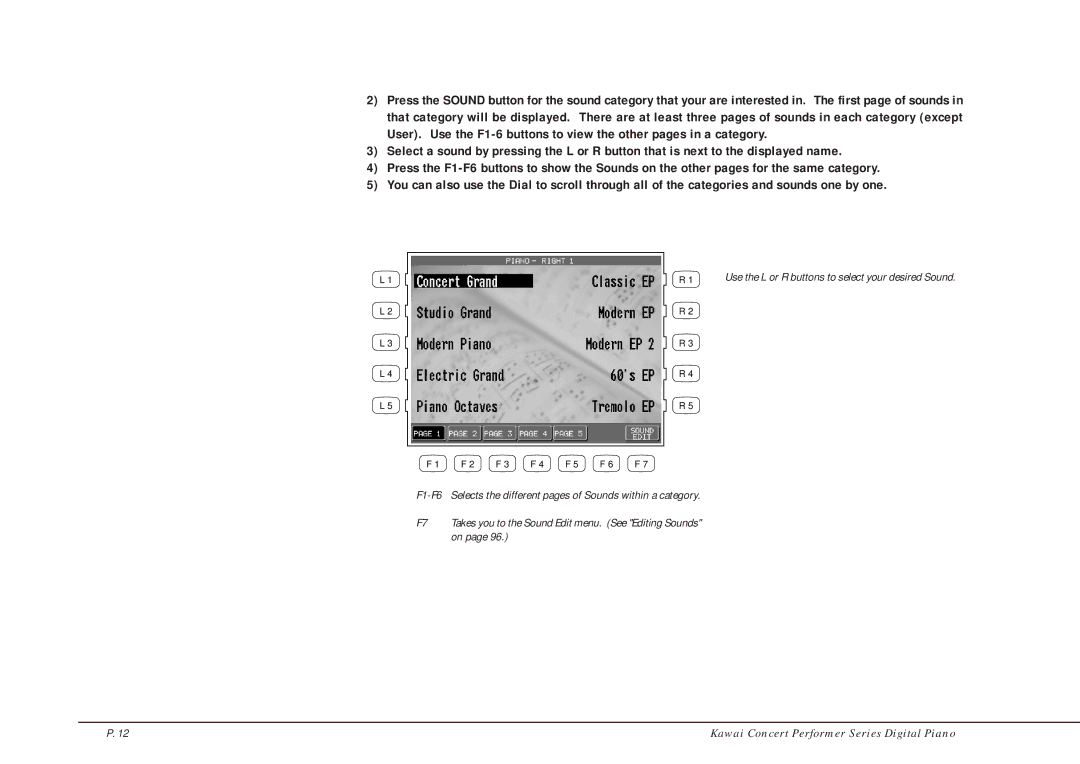 Kawai CP205/CP185 manual Use the L or R buttons to select your desired Sound 
