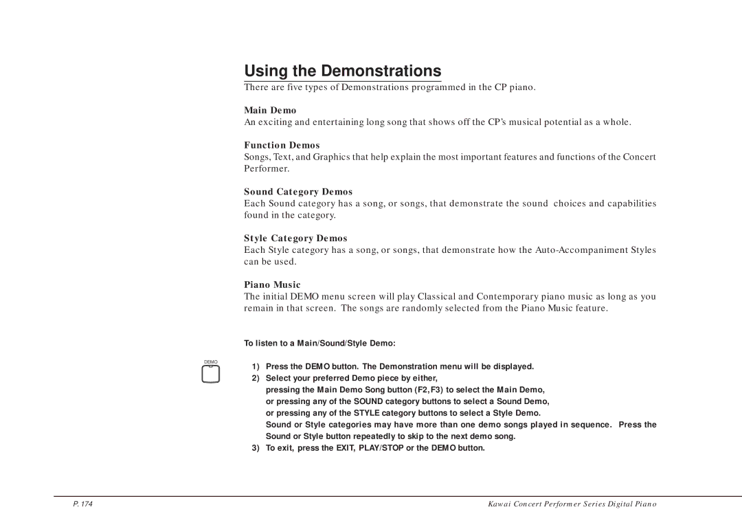 Kawai CP205/CP185 manual Using the Demonstrations 