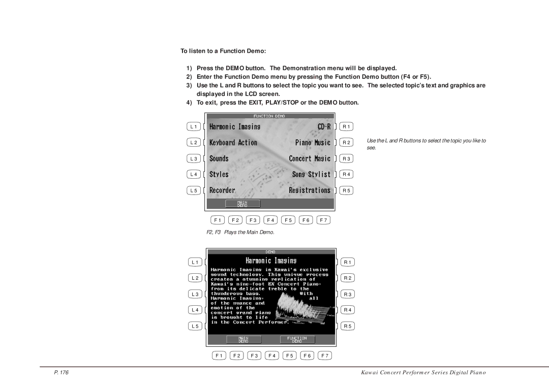 Kawai CP205/CP185 manual F2, F3 Plays the Main Demo 