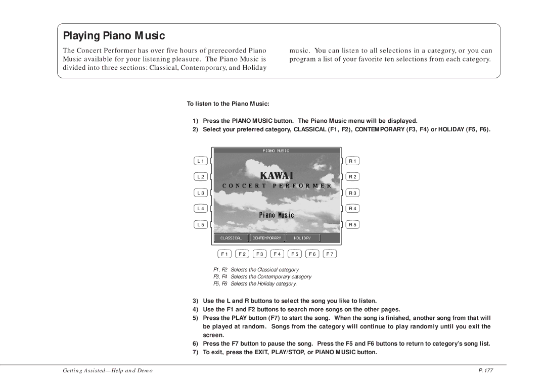 Kawai CP205/CP185 manual Playing Piano Music, To listen to the Piano Music 