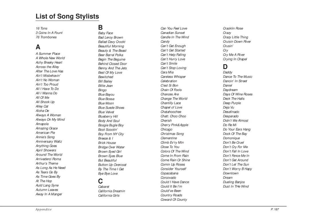 Kawai CP205/CP185 manual List of Song Stylists 