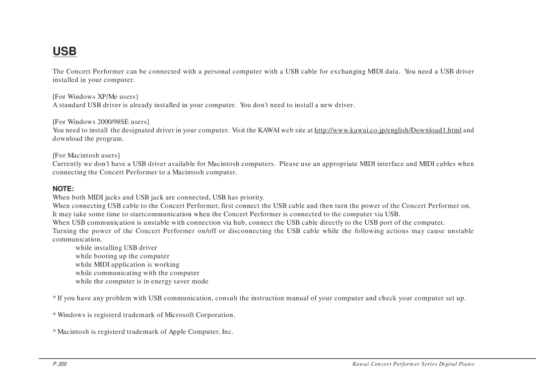 Kawai CP205/CP185 manual Usb 