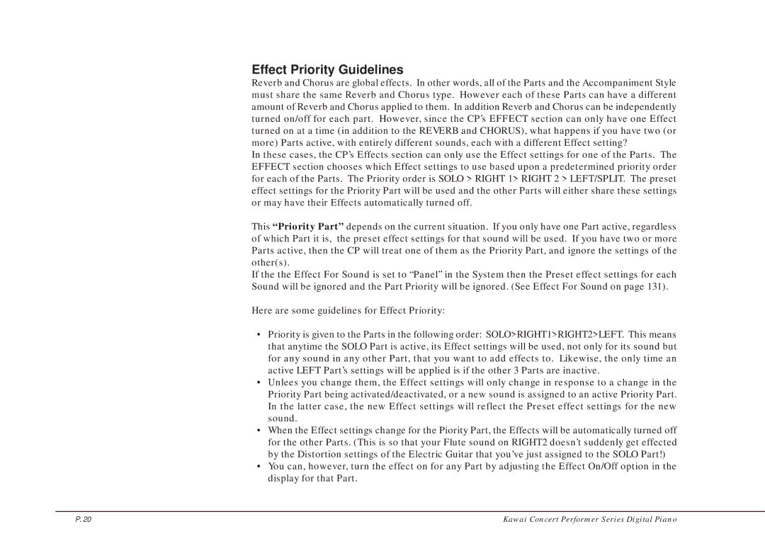 Kawai CP205/CP185 manual Effect Priority Guidelines, Here are some guidelines for Effect Priority 