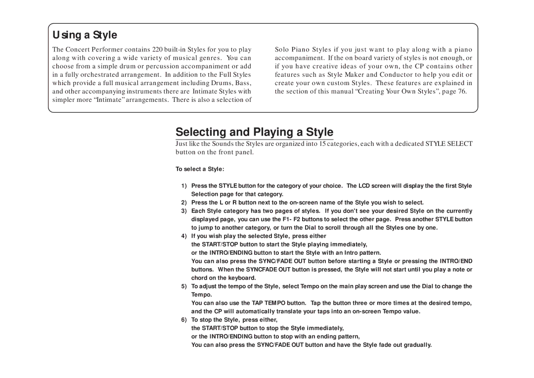 Kawai CP205/CP185 manual Using a Style, Selecting and Playing a Style 