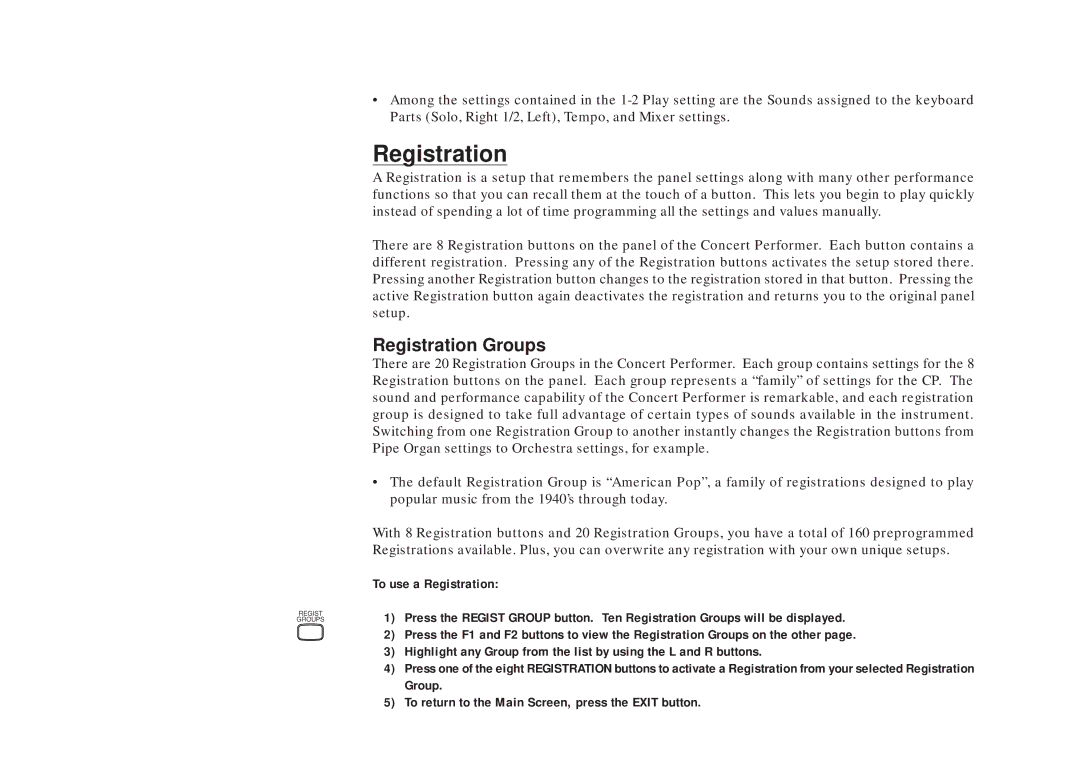 Kawai CP205/CP185 manual Registration Groups 