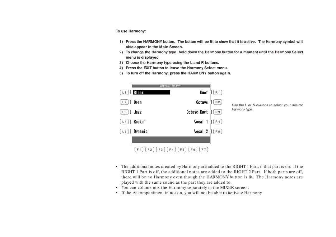 Kawai CP205/CP185 manual Use the L or R buttons to select your desired Harmony type 