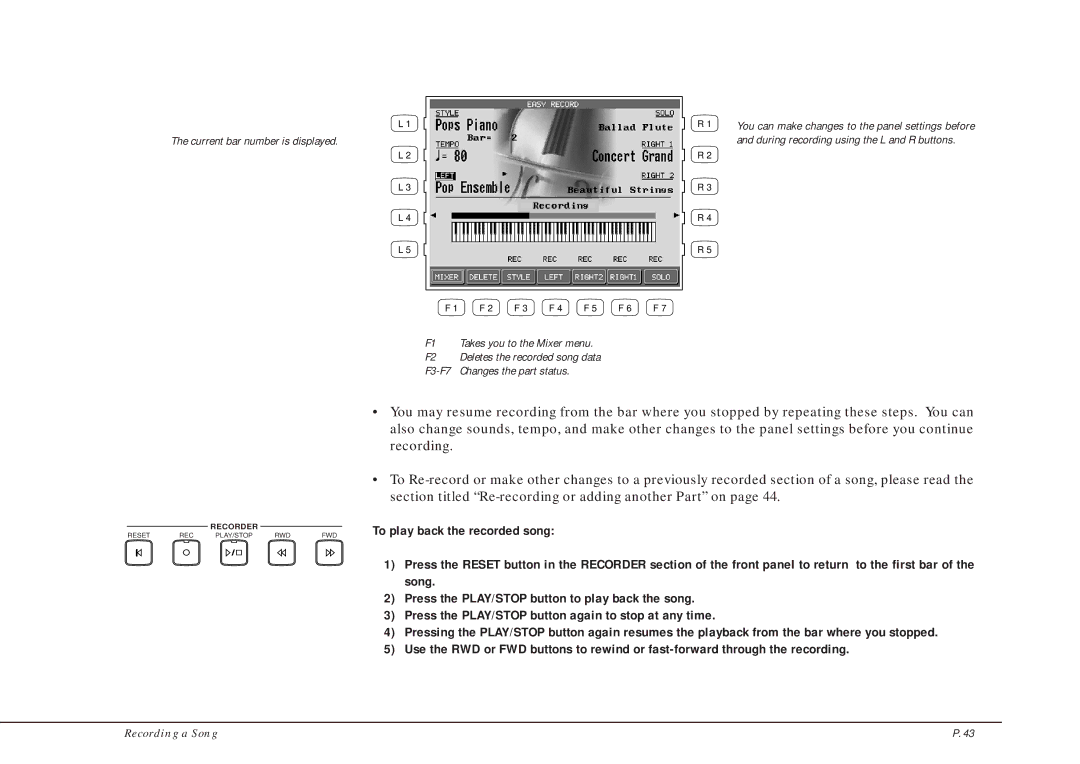 Kawai CP205/CP185 manual Recording a Song 