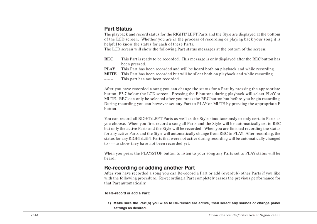 Kawai CP205/CP185 manual Part Status, Re-recording or adding another Part 