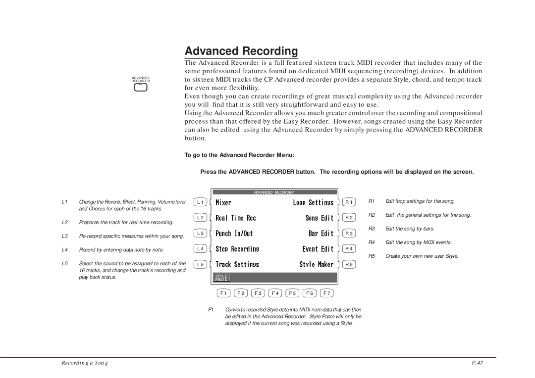 Kawai CP205/CP185 manual Advanced Recording 