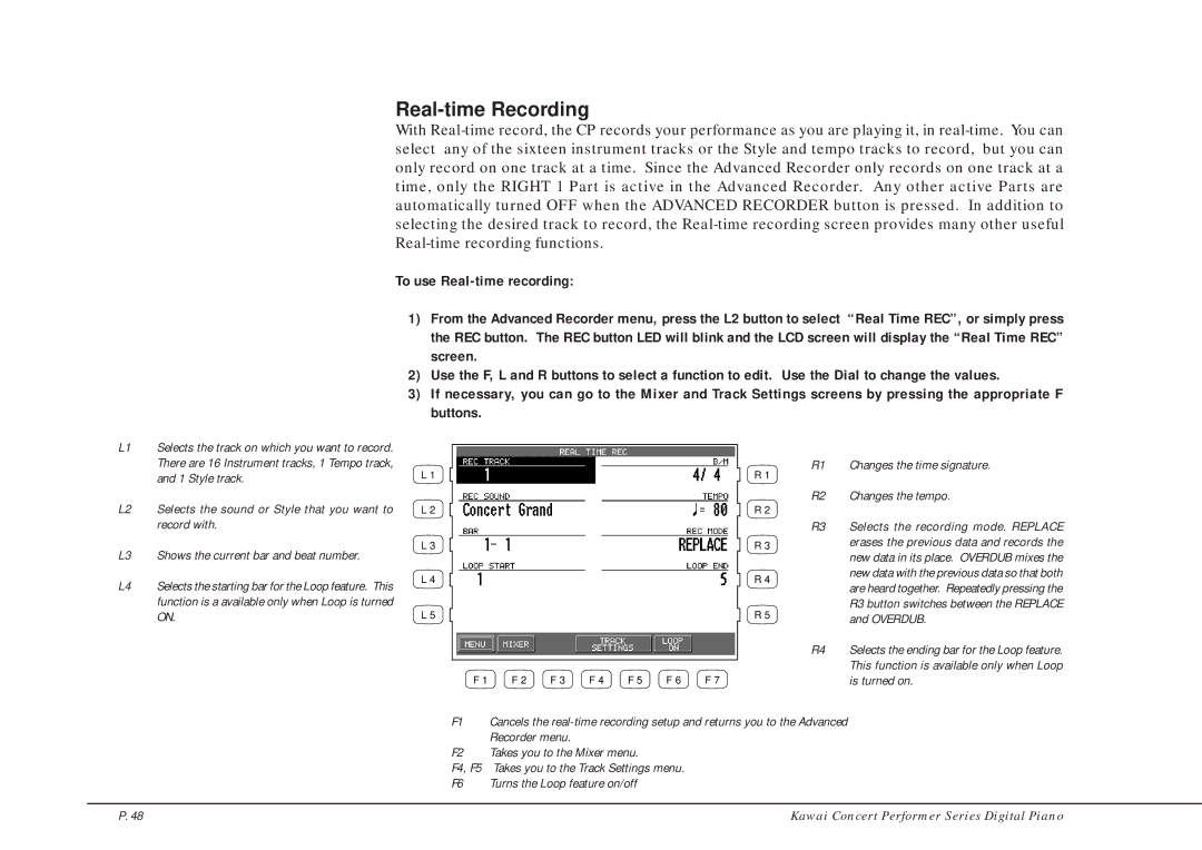 Kawai CP205/CP185 manual Real-time Recording, Selects the recording mode. Replace 