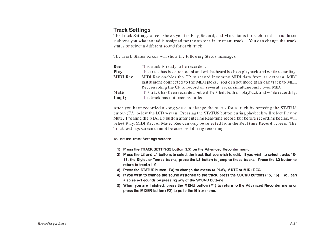 Kawai CP205/CP185 manual Track Settings, Rec This track is ready to be recorded Play, Midi Rec, Mute 