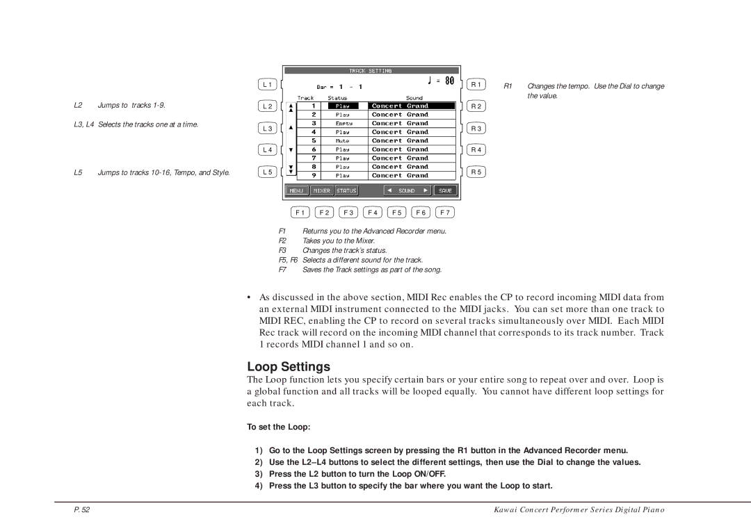 Kawai CP205/CP185 manual Loop Settings 