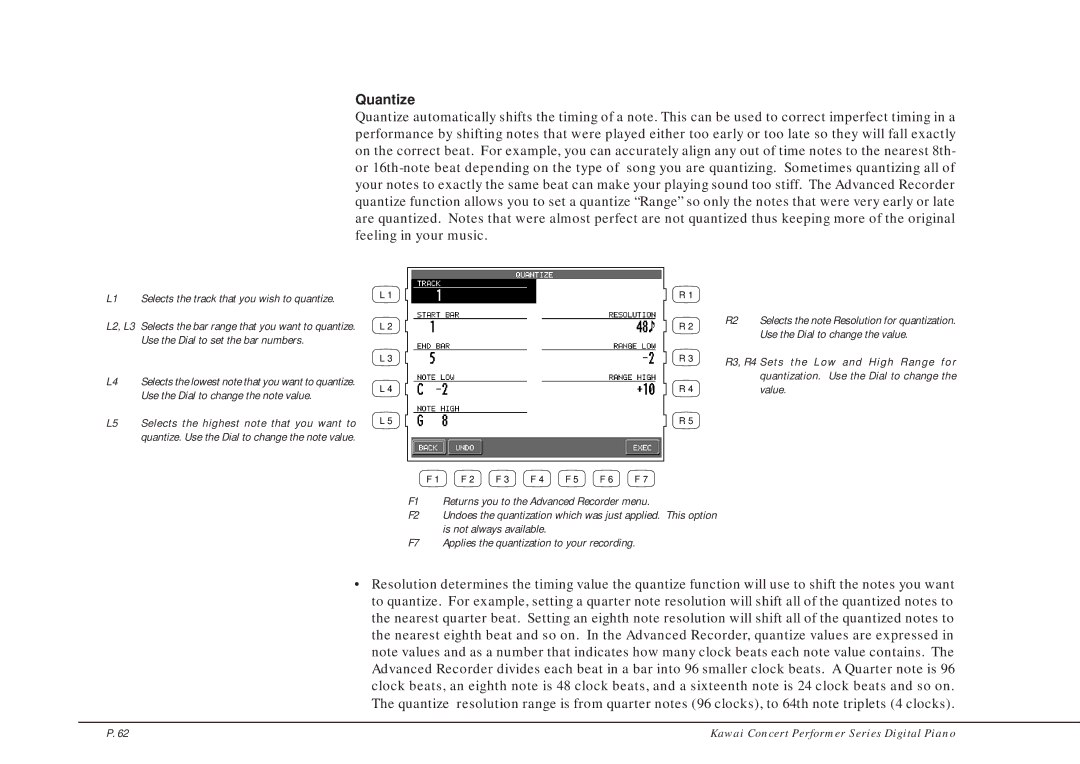 Kawai CP205/CP185 manual Quantize, L1 Selects the track that you wish to quantize 